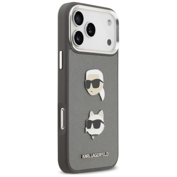Karl Lagerfeld FW Grained Karl & Choupette Heads Pins & Logo iPhone 17 Pro Max Case - Grayeng