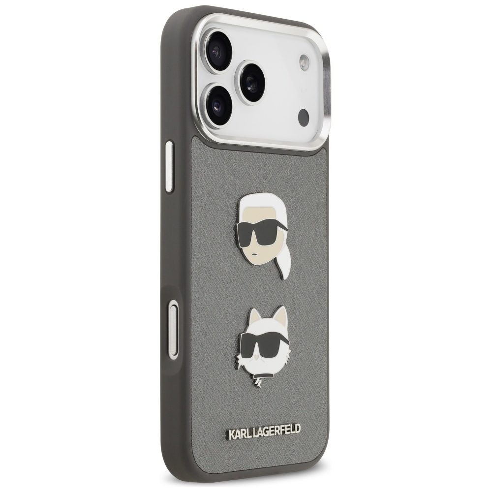 201244_4 Karl Lagerfeld FW Grained Karl & Choupette Heads Pins & Logo iPhone 17 Pro Max Case - Grayeng