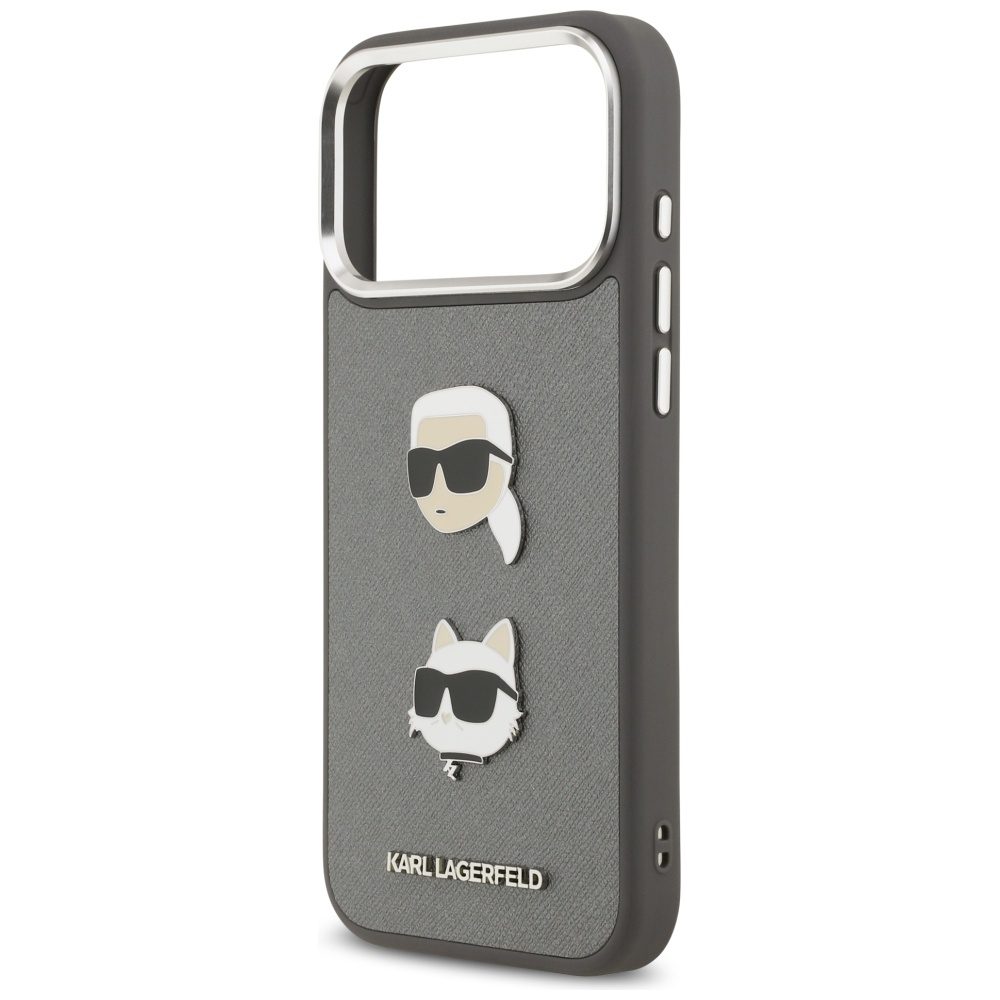 201244_6 Karl Lagerfeld FW Grained Karl & Choupette Heads Pins & Logo iPhone 17 Pro Max Case - Grayeng