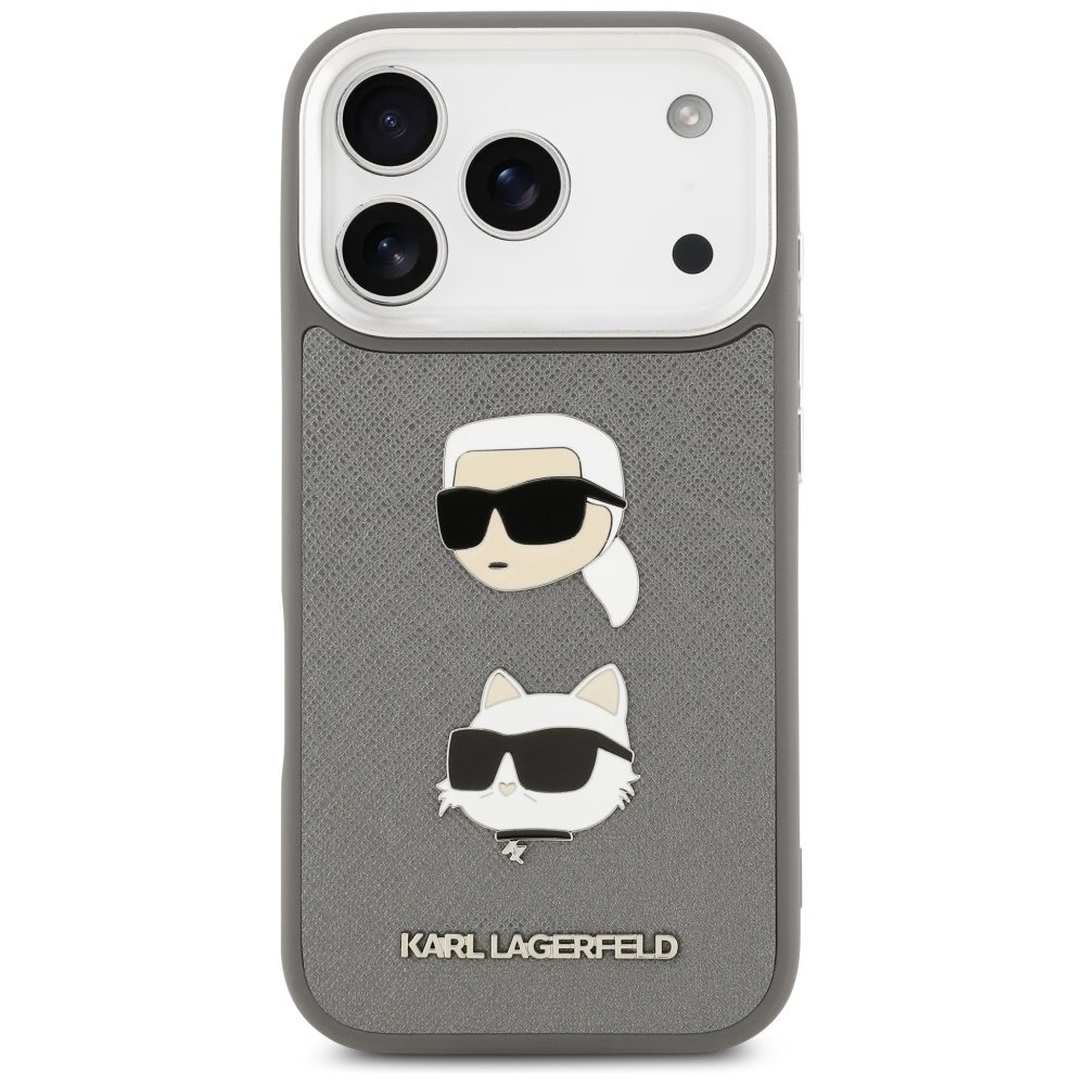Karl Lagerfeld FW Grained Karl & Choupette Heads Pins & Logo iPhone 17 Pro Case - Grayeng