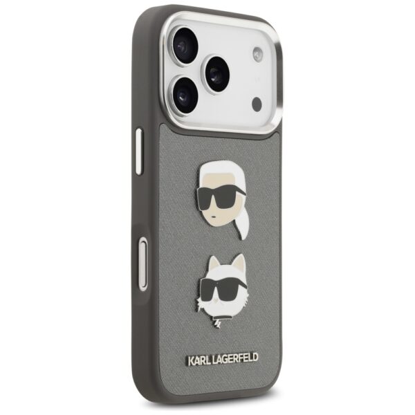 Karl Lagerfeld FW Grained Karl & Choupette Heads Pins & Logo iPhone 17 Pro Case - Grayeng