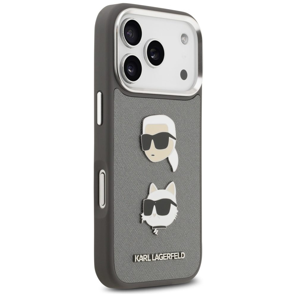 Karl Lagerfeld FW Grained Karl & Choupette Heads Pins & Logo iPhone 17 Pro Case - Grayeng