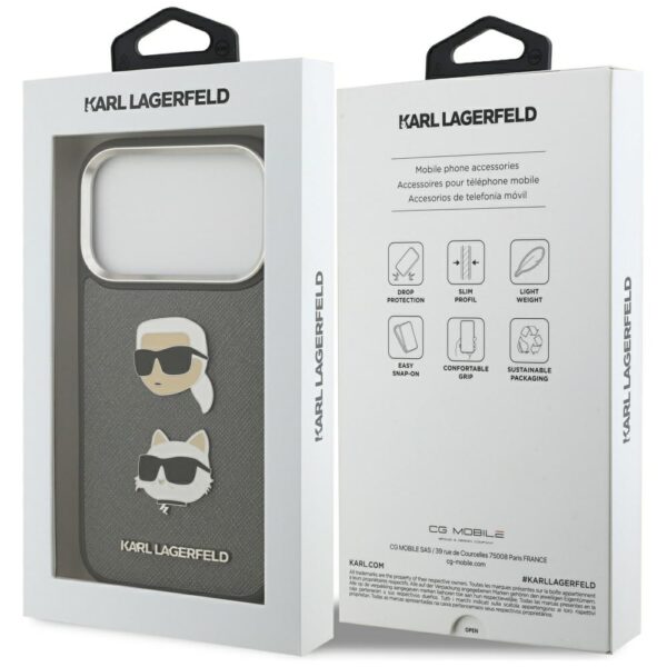 Karl Lagerfeld FW Grained Karl & Choupette Heads Pins & Logo iPhone 17 Pro Case - Grayeng