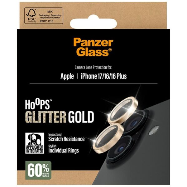 PanzerGlass Hoops Glitter Tempered Glass Lens Screen Protector for iPhone 17 / 16 / 16 Plus - Goldeng