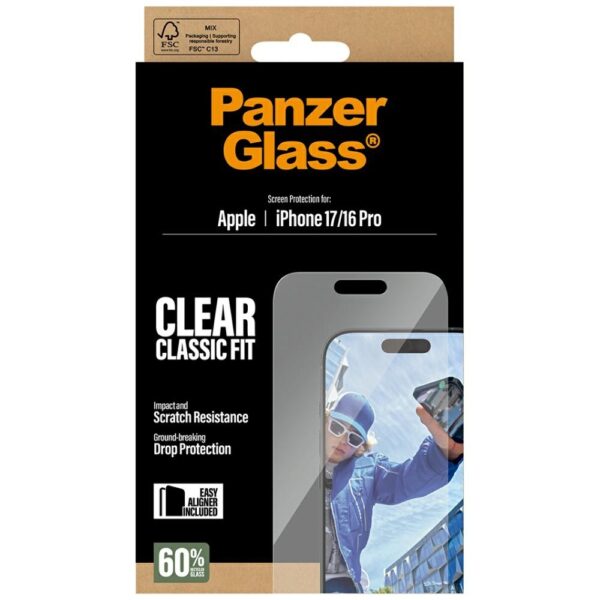 PanzerGlass Classic Fit EasyAligner Tempered Glass for iPhone 17 / 16 Proeng