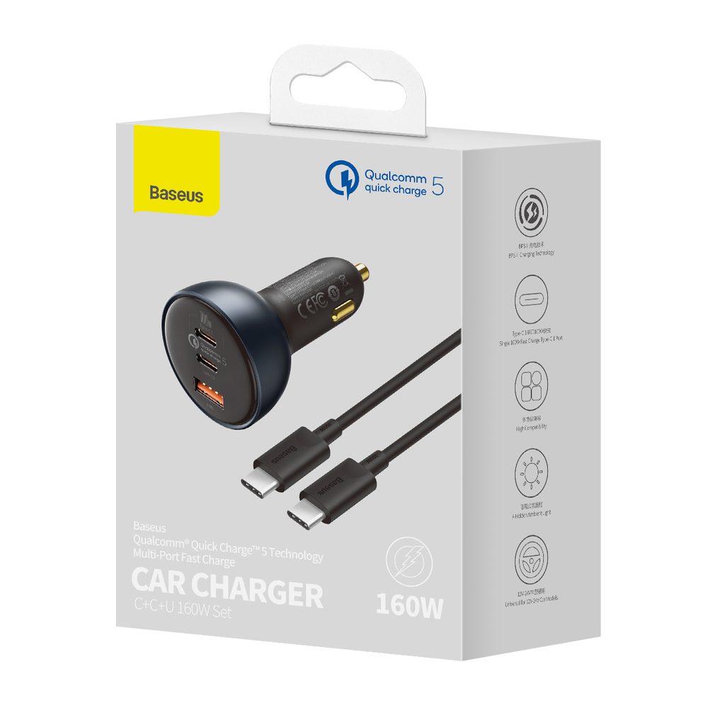 Baseus TZCCZM-0G USB-A / USB-C car charger 160W PPS / QC 5 / PD - grayeng