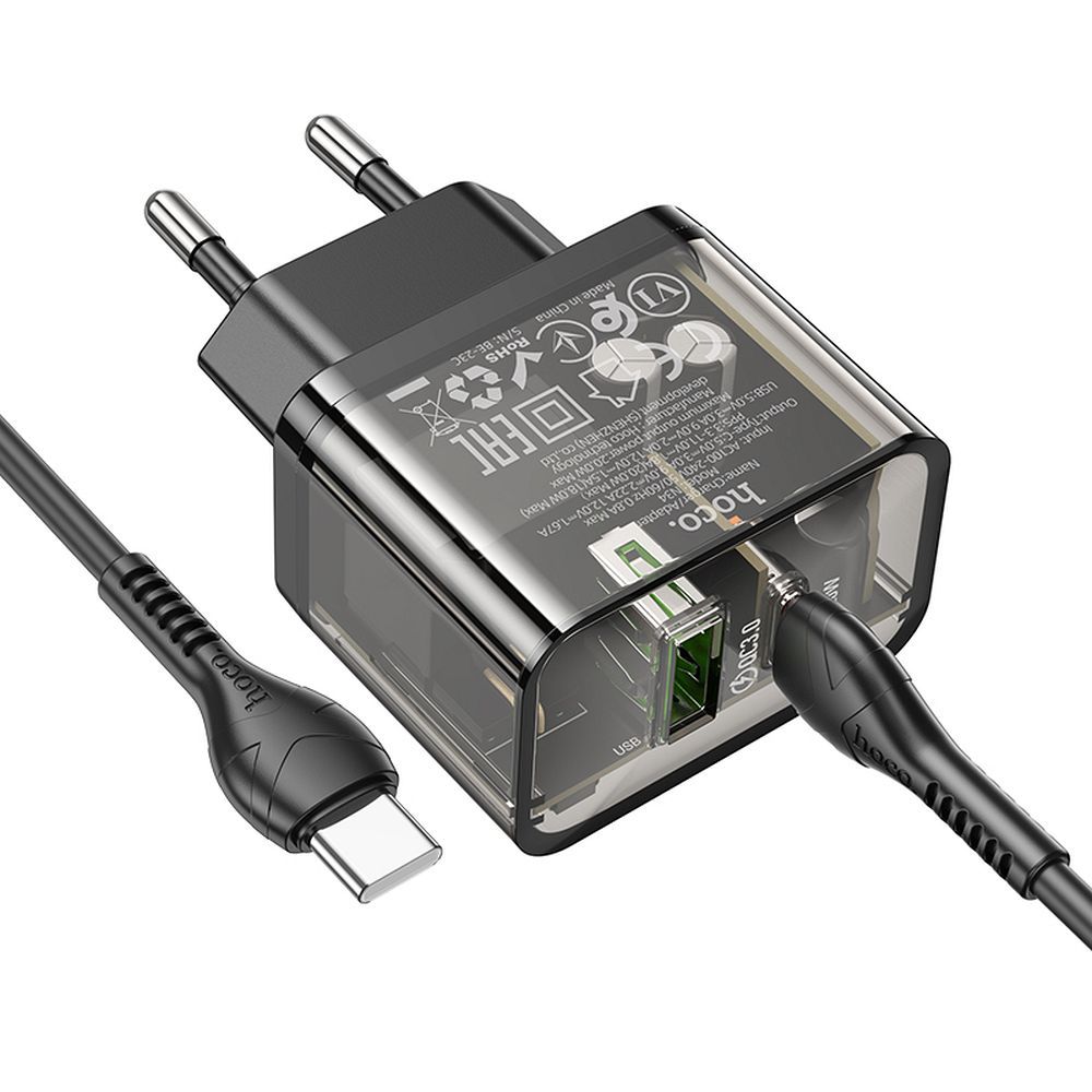 HOCO wall charger USB A + Type C + cable Type C to Type C PD QC3.0 3A 20W N34 transparnent