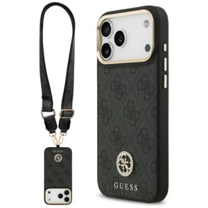 GUESS case for IPHONE 17 Pro Max compatible with MagSafe GUHMP17XP4G4DCSK (PU W/ Strass Logo & Big Strap Metal Buttons) black