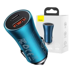 Ładowarka samochodowa Baseus Golden Contactor Max, USB + USB-C, 60W (niebieska)