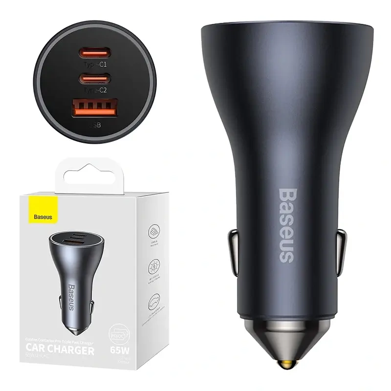 Ładowarka samochodowa Baseus Golden Contactor Pro, 2x USB-C, 1x USB, 65W (szara)