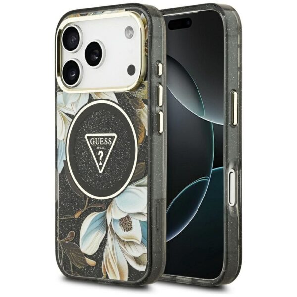 GUESS case for IPHONE 17 Pro compatible with MagSafe GUHMP17LHFLPEDK (IML Metal Glitter Flowers Triangle) black