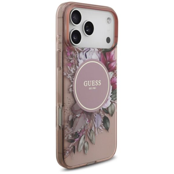 GUESS case for IPHONE 17 Pro Max compatible with MagSafe GUHMP17XHFWBRCESP (IML Flowers with Pearl Strap) pink