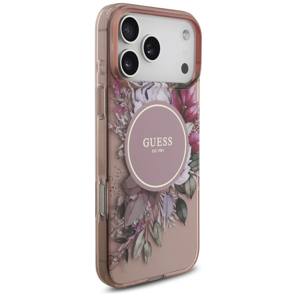 35184ad89d490a1551f1e0b1a1da2865 GUESS case for IPHONE 17 Pro Max compatible with MagSafe GUHMP17XHFWBRCESP (IML Flowers with Pearl Strap) pink