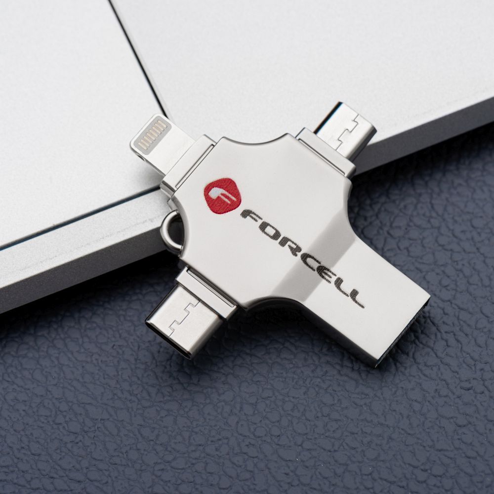 FORCELL F-DATA pendrive Metal Quad 64GB USB3.2 Gen 1 (USB A / Type C / Lightning / Micro USB) silver