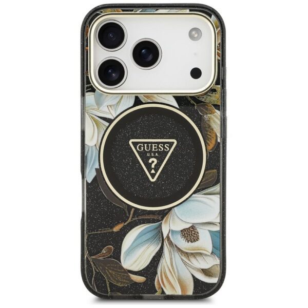 GUESS case for IPHONE 17 Pro compatible with MagSafe GUHMP17LHFLPEDK (IML Metal Glitter Flowers Triangle) black