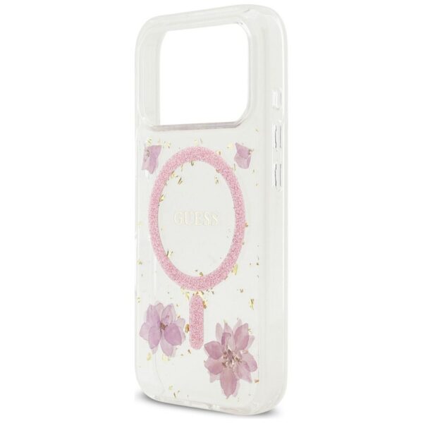 GUESS case for IPHONE 17 Pro compatible with MagSafe GUHMP17LRBFGFGMP (Resin Flowers and Glitter) pink