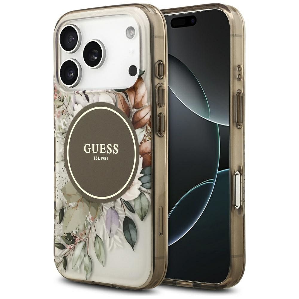 3e2deff734ac1a8b8c85ef59f8fb4bd1 GUESS case for IPHONE 17 Pro Max compatible with MagSafe GUHMP17XHFWBDCEW (IML Flower & Tonal Circle) brown