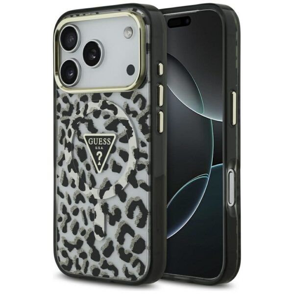 GUESS case for IPHONE 17 Pro compatible with MagSafe GUHMP17LHLEGTGLK (PC TPU W/ Leopard Glitter) black