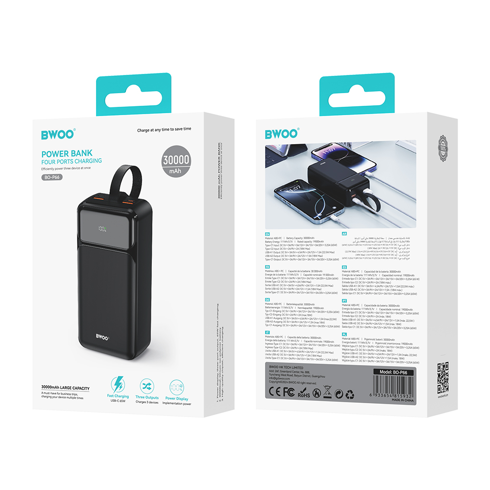 462556_oryg BWOO 65W power bank 30000 mAh 2x USB-A, 1 x USB-C with LCD display, black