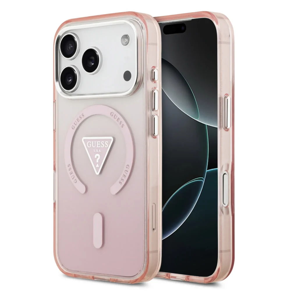 GUESS case for IPHONE 17 Pro compatible with MagSafe GUHMP17LHGTMLCGP (IML Gradient W/ Triangle Logo) pink