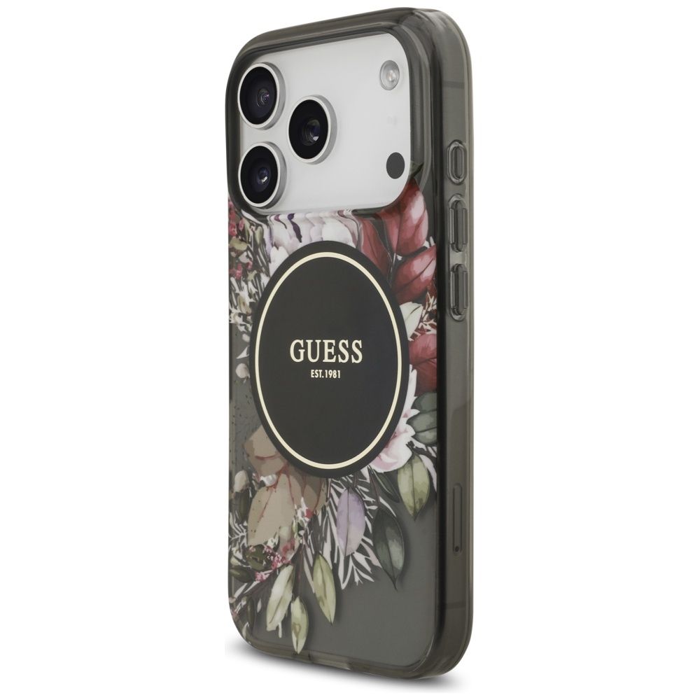 48a81e7ef7613c6a82bac5d87b715cc0 GUESS case for IPHONE 17 Pro compatible with MagSafe GUHMP17LHFWBRCESK (IML Flowers with Pearl Strap) black