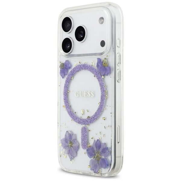 GUESS case for IPHONE 17 Pro compatible with MagSafe GUHMP17LRBFGFGMU (Resin Flowers and Glitter) purple
