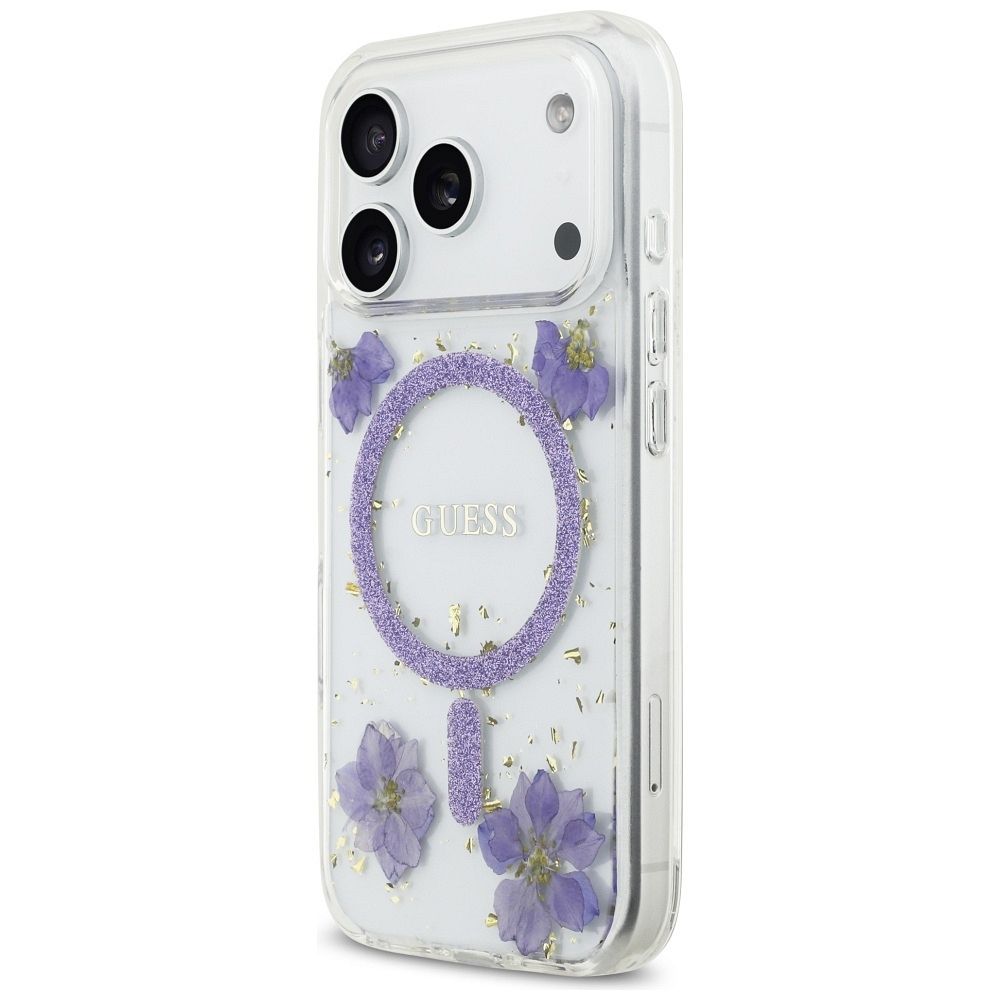493a635d0be7bddafb52fbdbe9075498 GUESS case for IPHONE 17 Pro compatible with MagSafe GUHMP17LRBFGFGMU (Resin Flowers and Glitter) purple