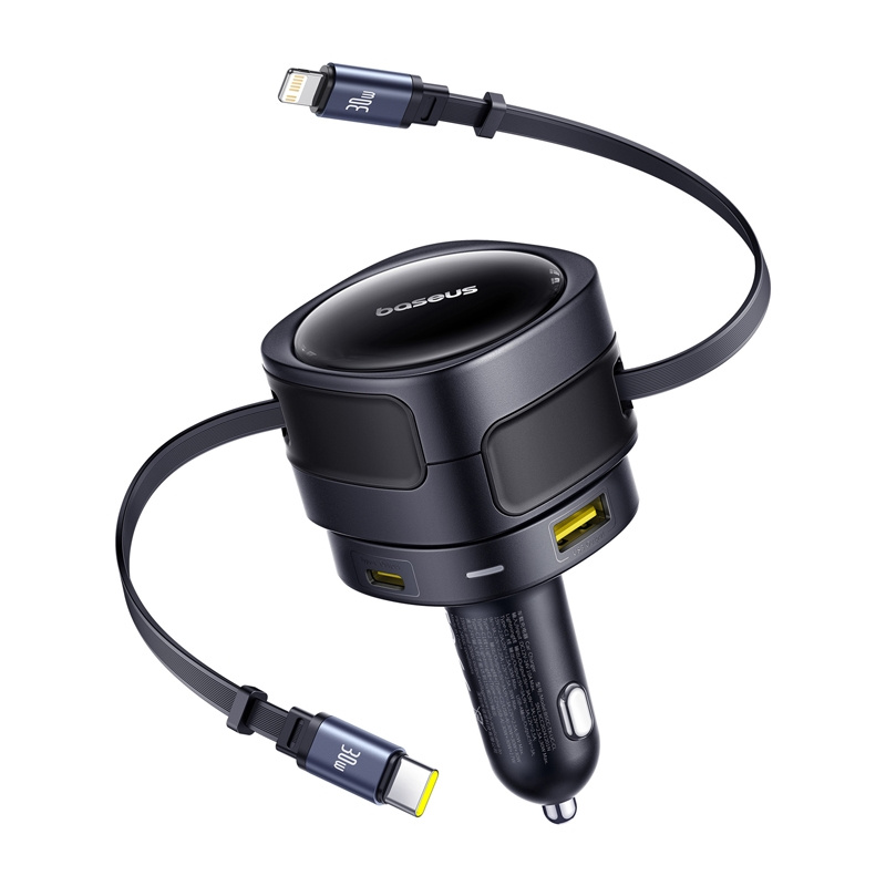 Φορτιστής αυτοκινήτου Baseus Enjoyment Max με καλώδια USB-C+Lightning και θύρες USB-A+USB-C 90W Μαύρο