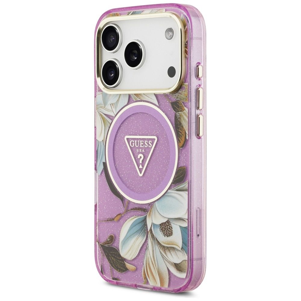 4f6c03c331f7d5127767c5b91d5669cb GUESS case for IPHONE 17 Pro compatible with MagSafe GUHMP17LHFLPEDU (IML Metal Glitter Flowers Triangle) purple