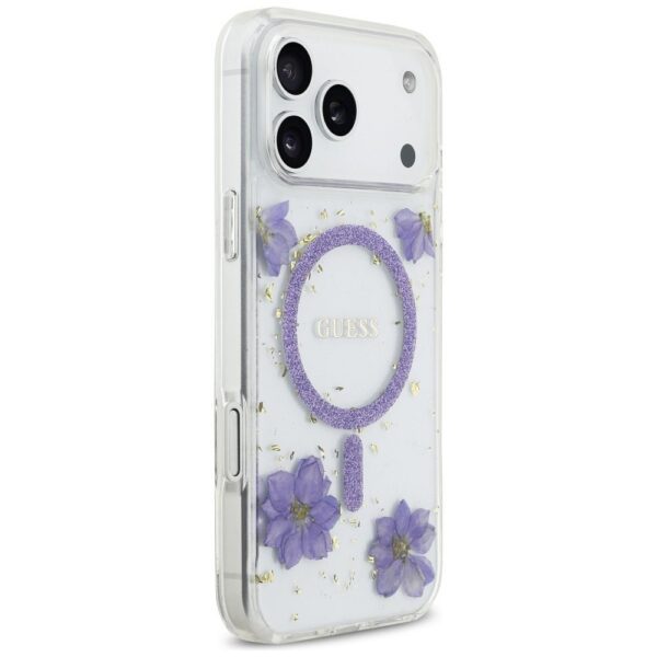 GUESS case for IPHONE 17 Pro Max compatible with MagSafe GUHMP17XRBFGFGMU (Resin Flowers and Glitter) purple