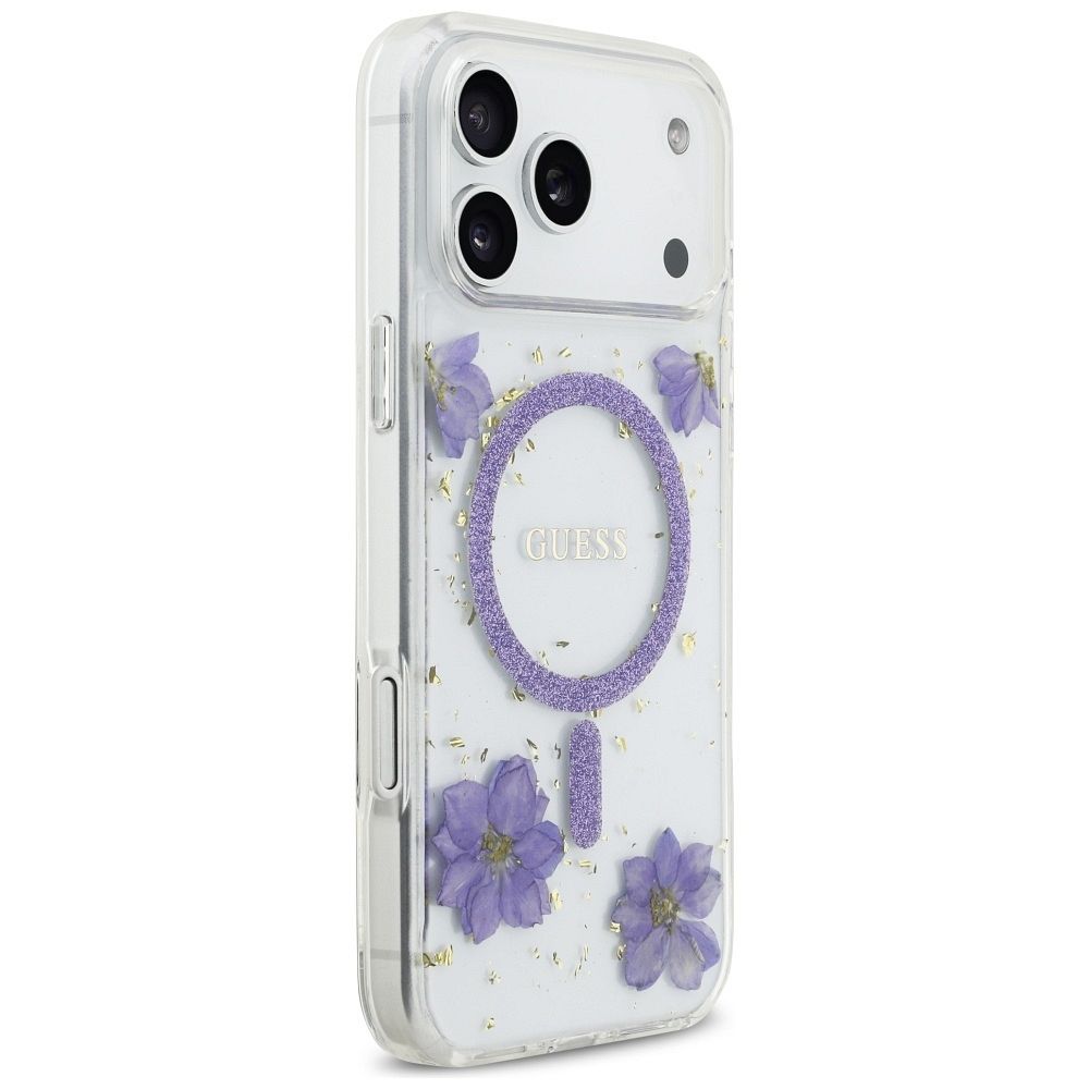 53f40b07934e01eb80e7de63fb35bf01 GUESS case for IPHONE 17 Pro Max compatible with MagSafe GUHMP17XRBFGFGMU (Resin Flowers and Glitter) purple