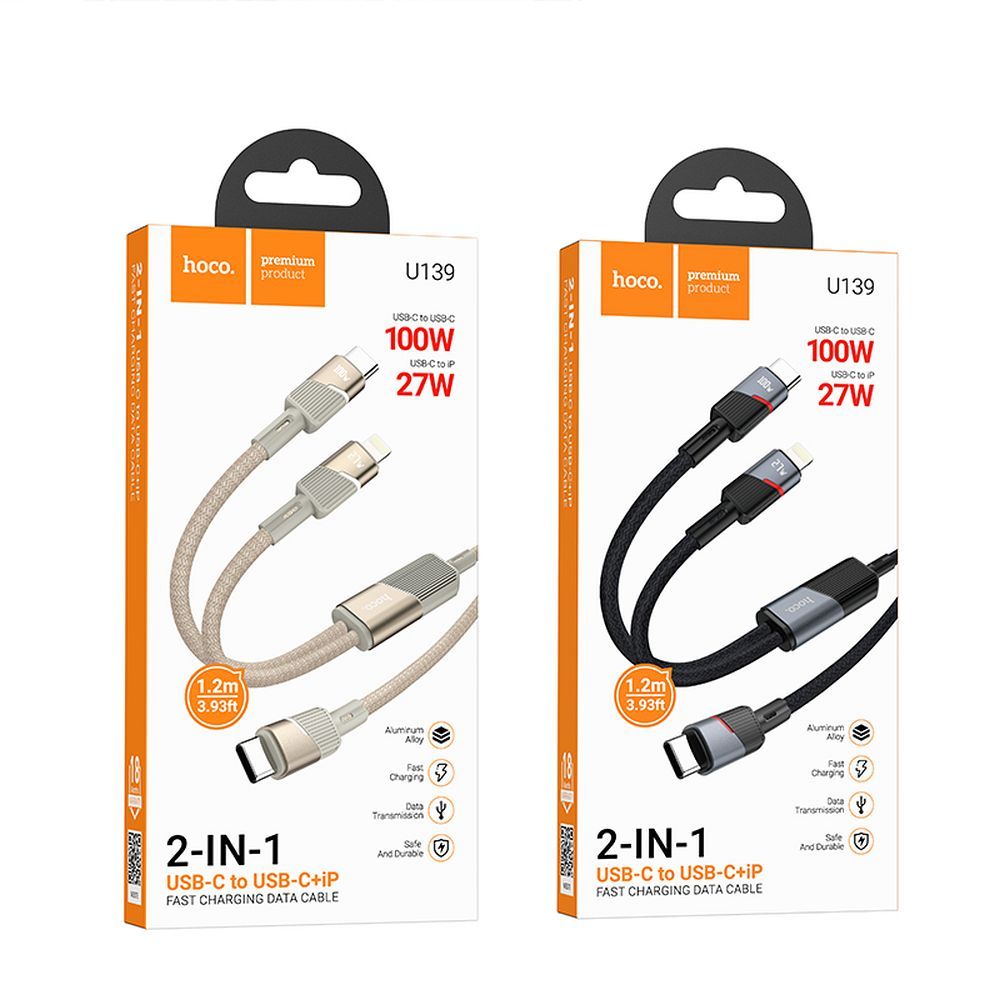 563cd1aa6ba7bf5d516c669b7928d0dc Cable 2in1 USB C to USB C + Lightning Hoco 5A 100W 1,2 m U139 gold