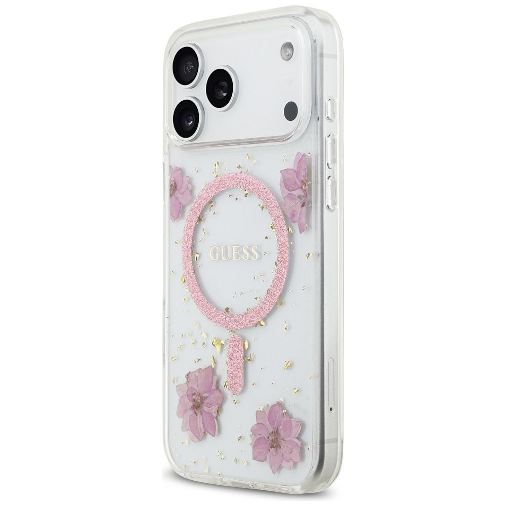 57ca1b1c4cde531fa6a91292f6e755ea GUESS case for IPHONE 17 Pro Max compatible with MagSafe GUHMP17XRBFGFGMP (Resin Flowers and Glitter) pink