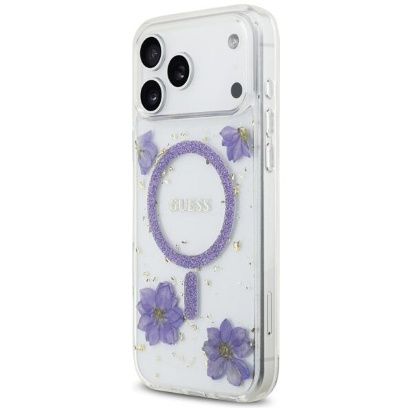 GUESS case for IPHONE 17 Pro Max compatible with MagSafe GUHMP17XRBFGFGMU (Resin Flowers and Glitter) purple