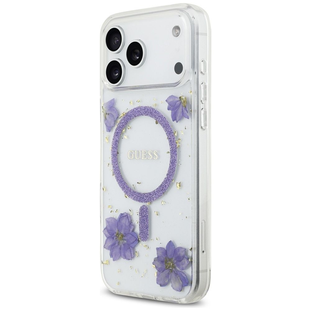 5f09a5b857e7752f2dc64e3542146fac GUESS case for IPHONE 17 Pro Max compatible with MagSafe GUHMP17XRBFGFGMU (Resin Flowers and Glitter) purple