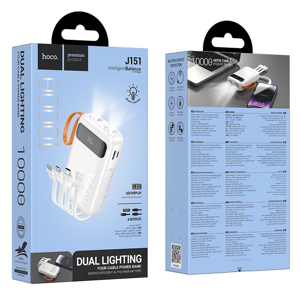 62b41a7f0d0bd0bc75d49a1fadf28dc6 Powerbank Hoco 10000 mAh with built-in cables USB A + USB C+ Lightning + Micro USB and double light J151 white