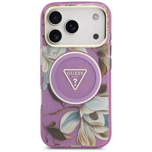 GUESS case for IPHONE 17 Pro compatible with MagSafe GUHMP17LHFLPEDU (IML Metal Glitter Flowers Triangle) purple
