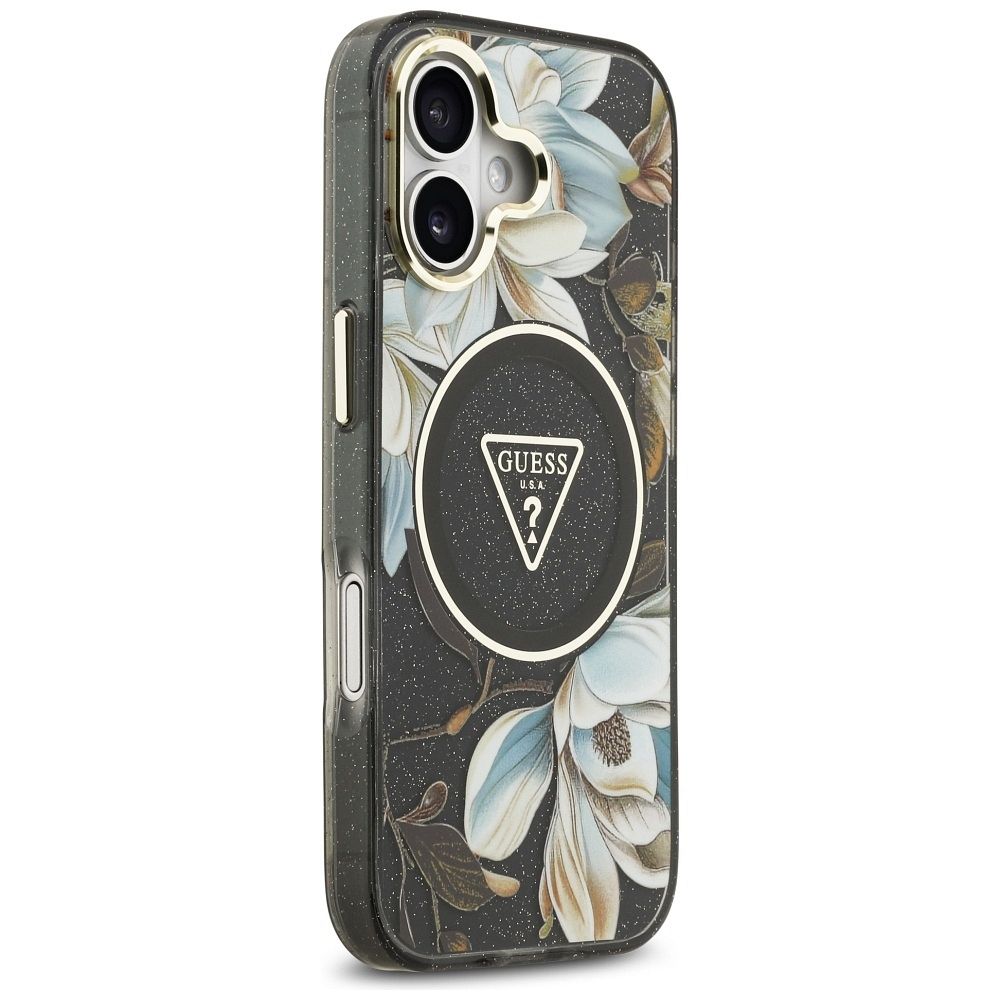 67165631642bbe82e895292418a078c1 GUESS case for IPHONE 17 compatible with MagSafe GUHMP17SHFLPEDK (IML Metal Glitter Flowers Triangle) black
