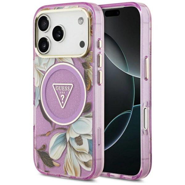 GUESS case for IPHONE 17 Pro compatible with MagSafe GUHMP17LHFLPEDU (IML Metal Glitter Flowers Triangle) purple