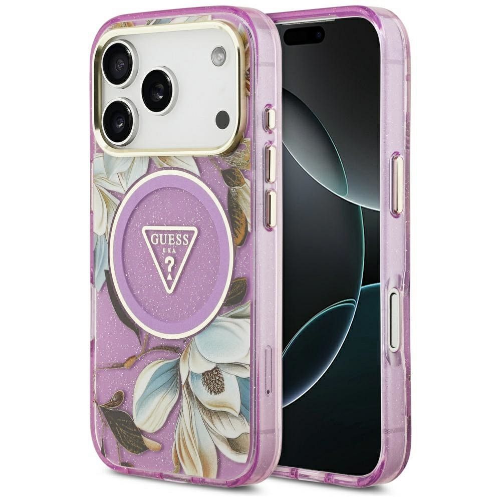 688d044269e4e96b73c1c344bea10053 GUESS case for IPHONE 17 Pro compatible with MagSafe GUHMP17LHFLPEDU (IML Metal Glitter Flowers Triangle) purple