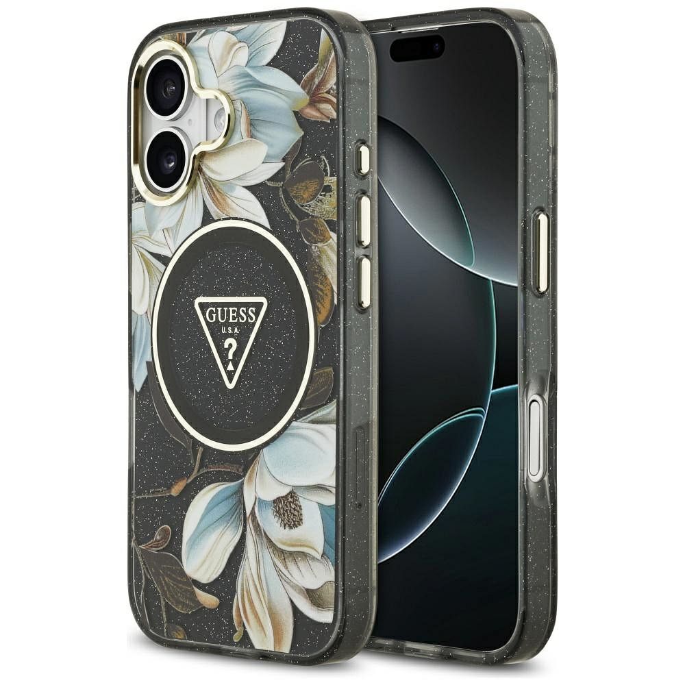 6c538ce5d3fa5c3ed8fcd663b9a13176 GUESS case for IPHONE 17 compatible with MagSafe GUHMP17SHFLPEDK (IML Metal Glitter Flowers Triangle) black