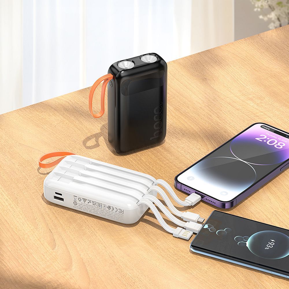 6dc080038f1e09770e173bc327c41ef0 Powerbank Hoco 10000 mAh with built-in cables USB A + USB C+ Lightning + Micro USB and double light J151 white