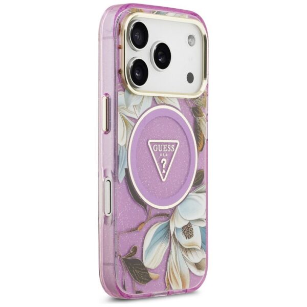 GUESS case for IPHONE 17 Pro compatible with MagSafe GUHMP17LHFLPEDU (IML Metal Glitter Flowers Triangle) purple