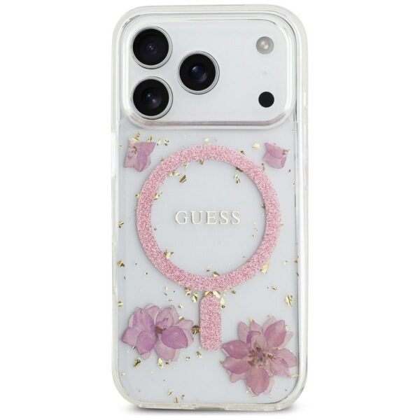 GUESS case for IPHONE 17 Pro compatible with MagSafe GUHMP17LRBFGFGMP (Resin Flowers and Glitter) pink