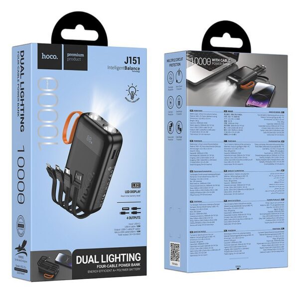 86e2fff8543073b06c0432fc8dfa6d21 Powerbank Hoco 10000 mAh with built-in cables USB A + USB C+ Lightning + Micro USB and double light J151 black