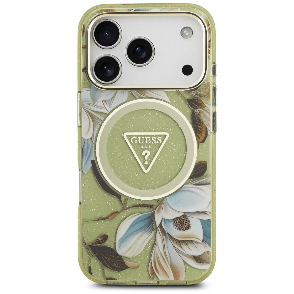875f069258c6d86847a8572af5765f57 GUESS case for IPHONE 17 Pro compatible with MagSafe GUHMP17LHFLPEDN (IML Metal Glitter Flowers Triangle) green