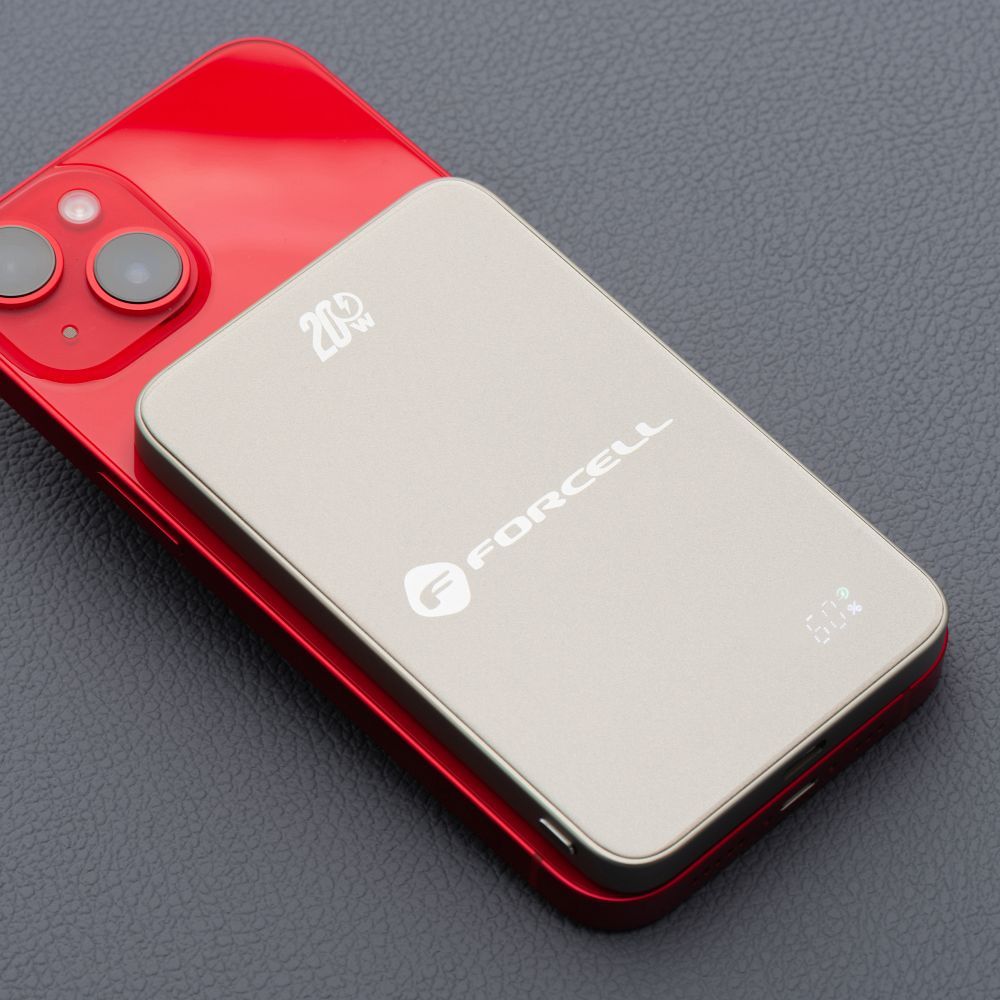 Powerbank compatible with MagSafe Forcell F-Energy SuperSlim F5K8 QC4.0 PD3.0 15W 5000 mAh titanium desert