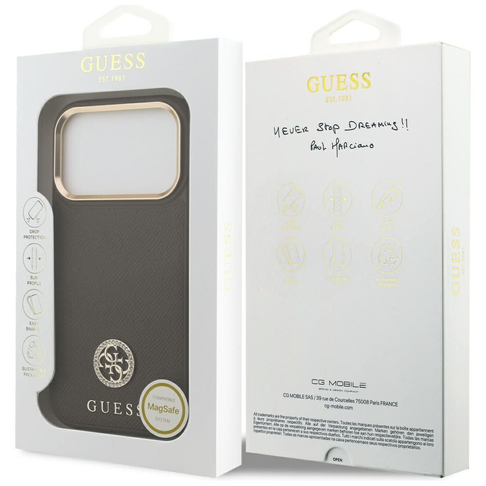 93d7256565b8064d70beb228e0bfd59f GUESS case for IPHONE 17 Pro compatible with MagSafe GUHMP17LPGCRMDEW (PU W/ Grained Strass Logo) brown