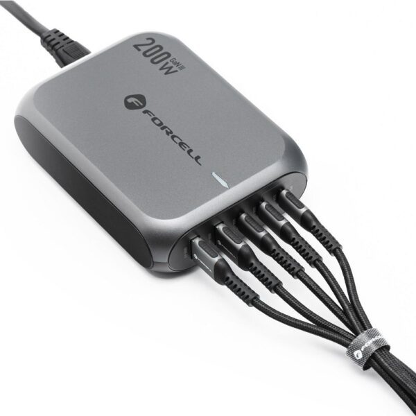 FORCELL F-ENERGY GaN III VT-51 desktop charger 3 x Typ C + 2 x USB A PD QC4.0 SFC2.0 5A 200W gray