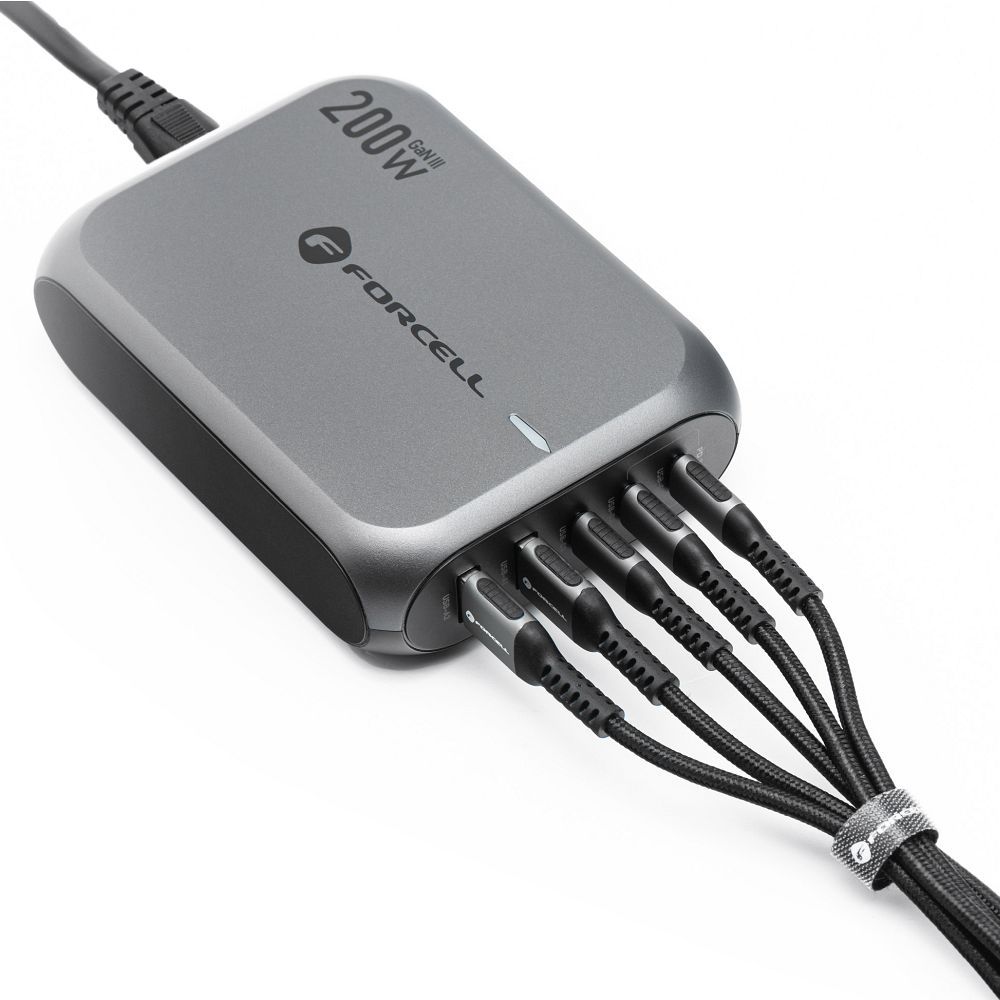 FORCELL F-ENERGY GaN III VT-51 desktop charger 3 x Typ C + 2 x USB A PD QC4.0 SFC2.0 5A 200W gray